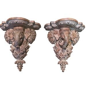 Vintage Elephant Bracket Wall Sconce / Shelf, Tropical Floral, Decor Set of 2